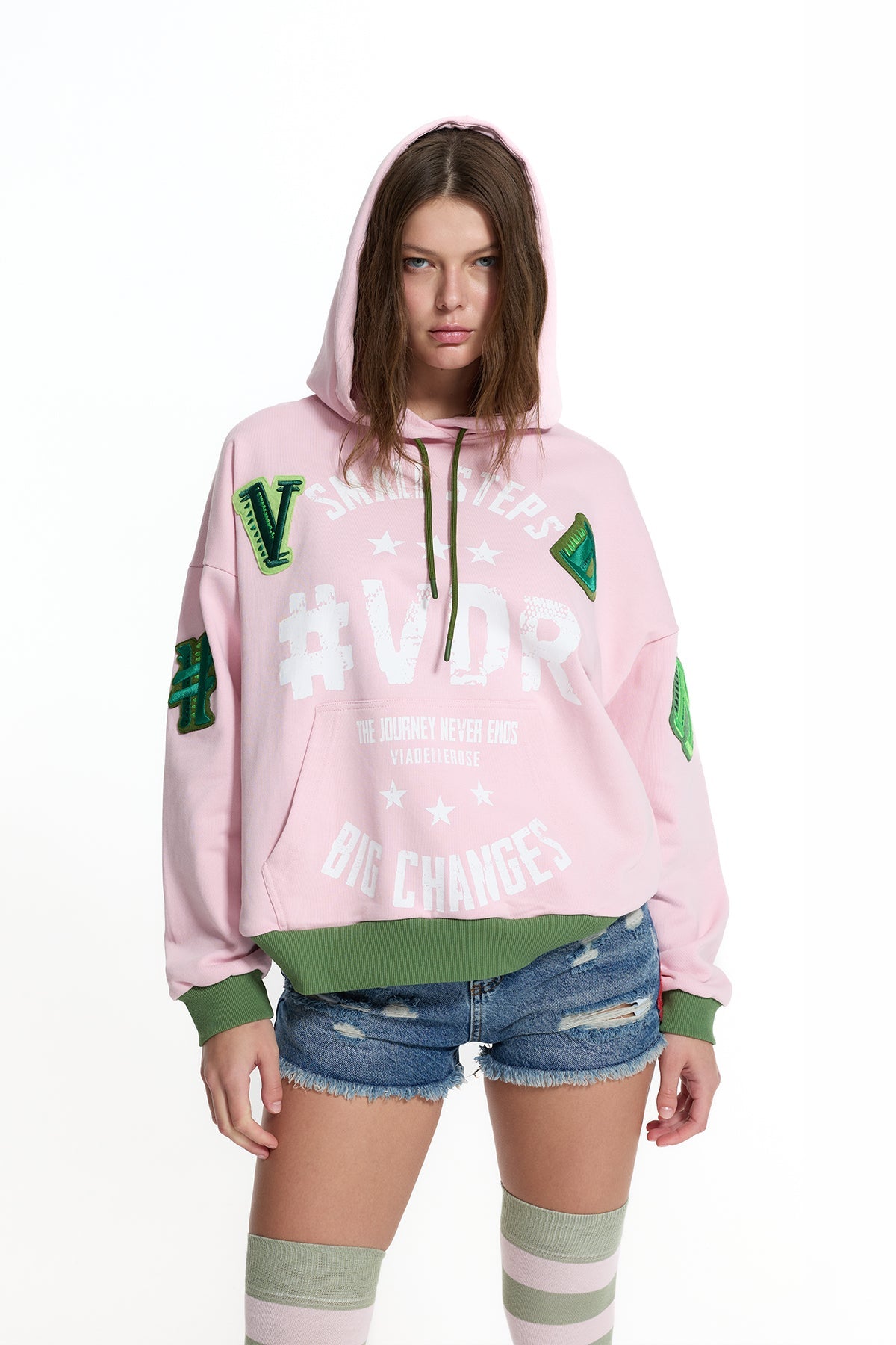 Pink Khaki Patch And Print Detail Hooded Oversize Sweatshirt 19043