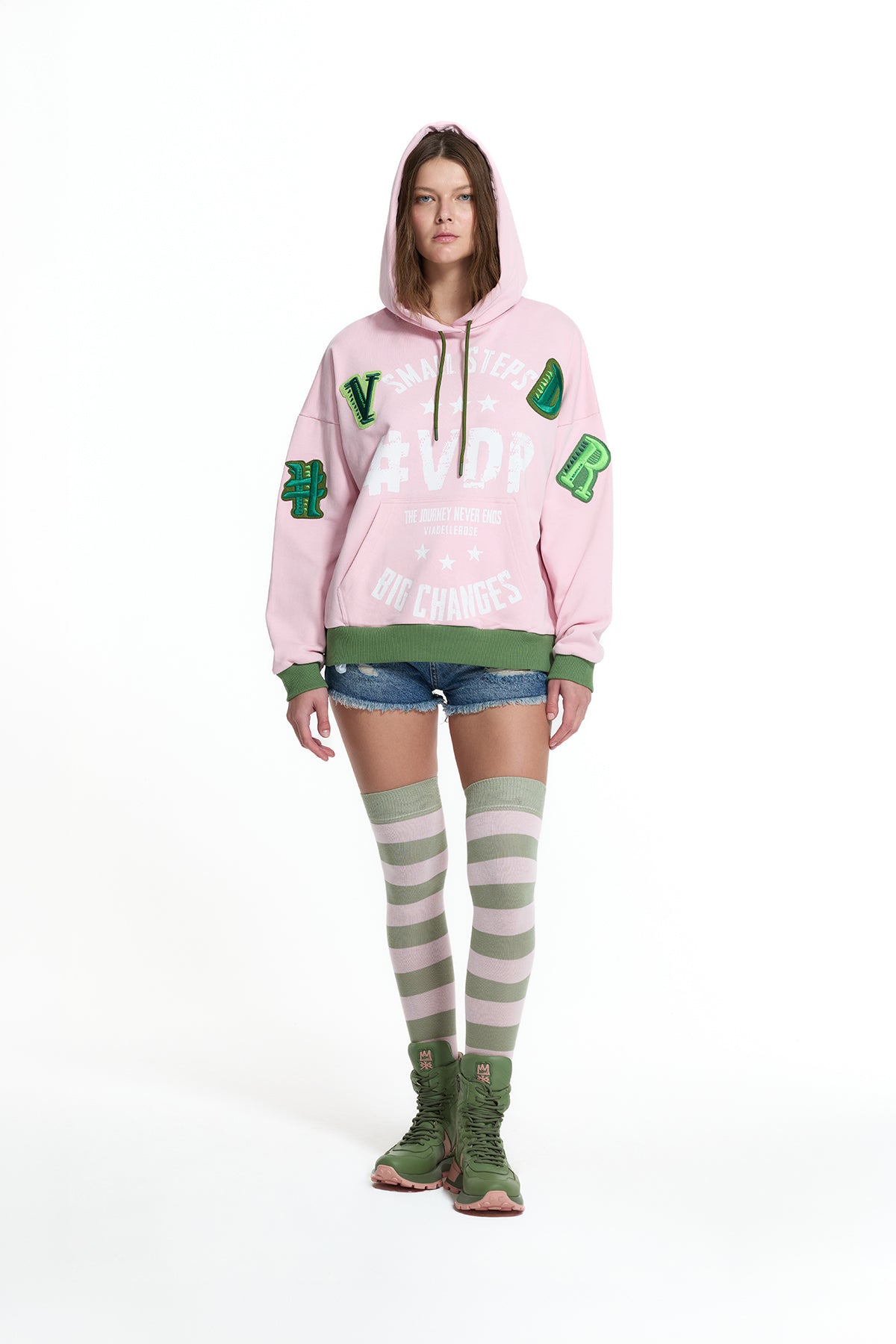 Pink Khaki Patch And Print Detail Hooded Oversize Sweatshirt 19043
