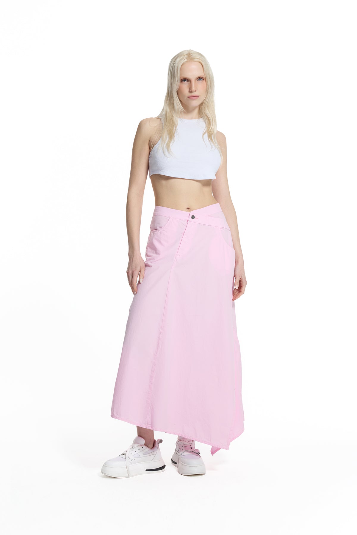 Pink Asymmetric Slit Detailed Long Skirt 19051