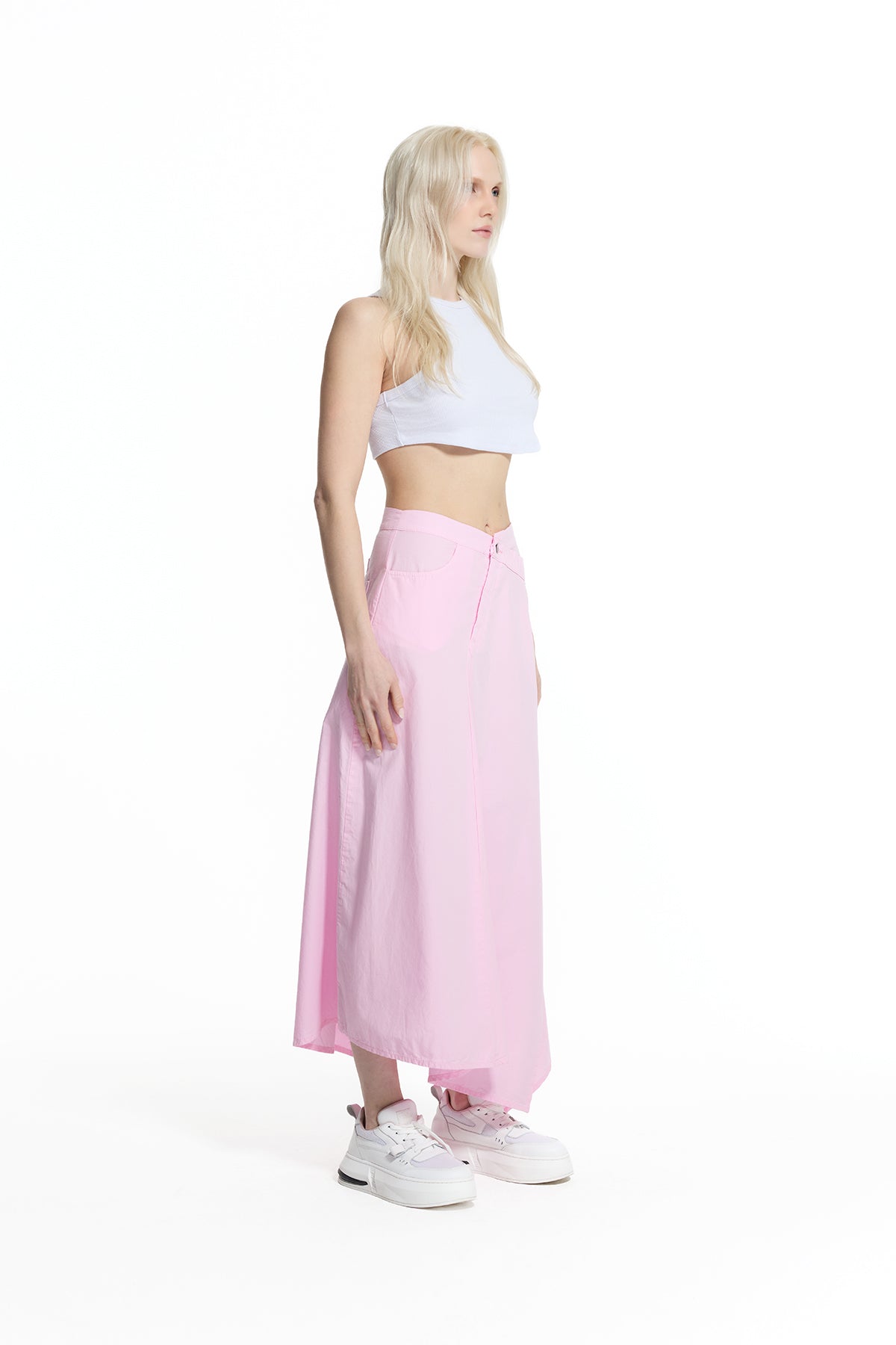 Pink Asymmetric Slit Detailed Long Skirt 19051