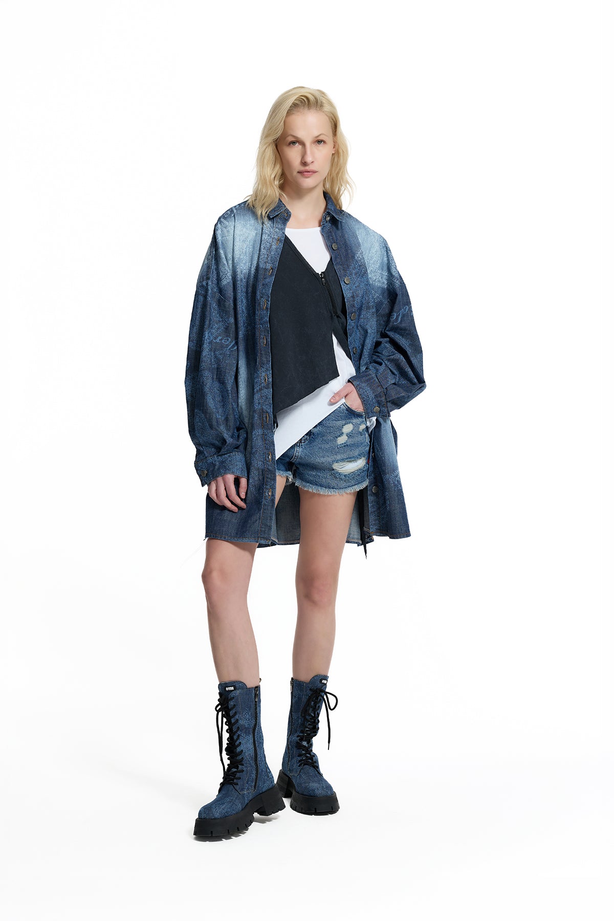 Dark Blue Ethnic Pattern Long Denim Shirt 19053