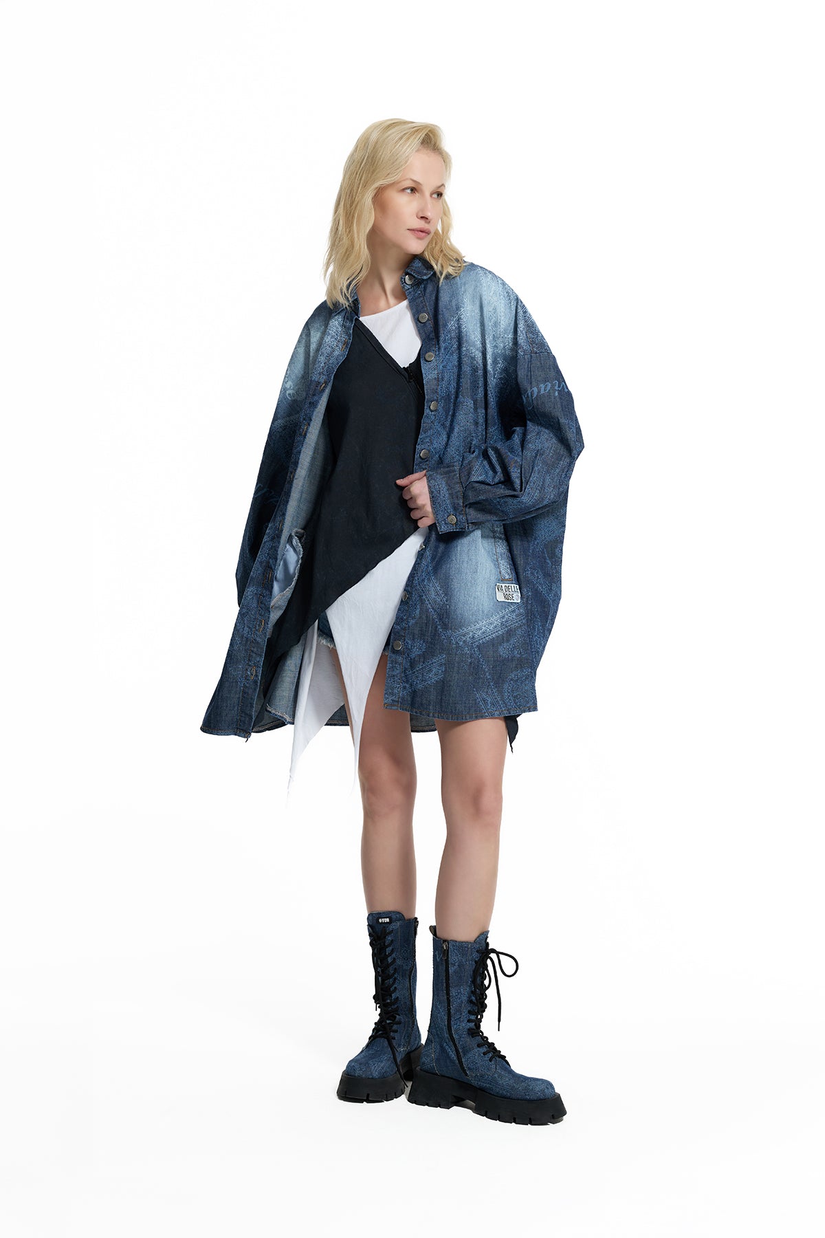 Dark Blue Ethnic Pattern Long Denim Shirt 19053