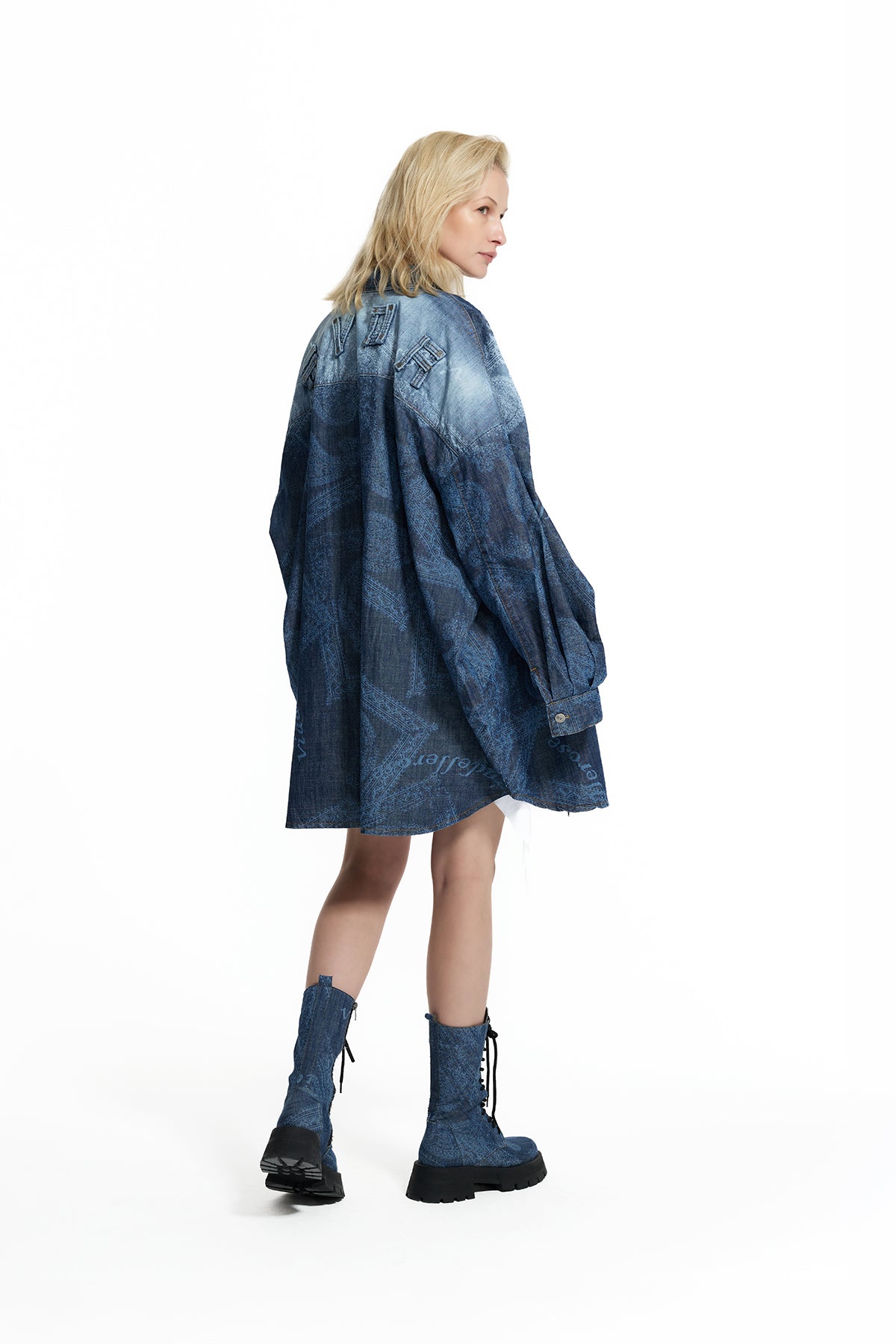 Dark Blue Ethnic Pattern Long Denim Shirt 19053