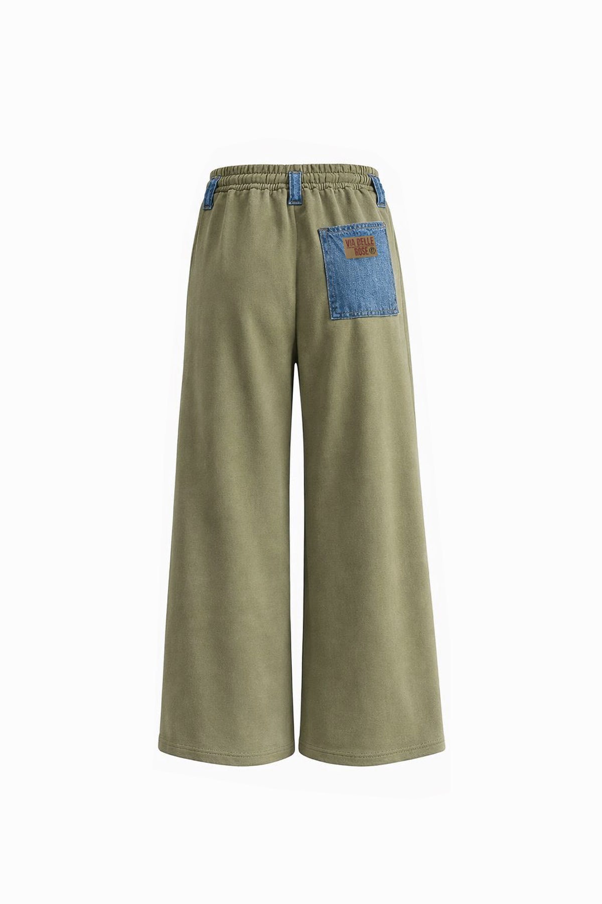 Blue Khaki Contrast Fabric Distressed Denim Wide Leg Trousers 19062