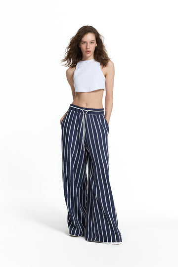 Blue White Draped Striped Wide Leg Trousers 19087