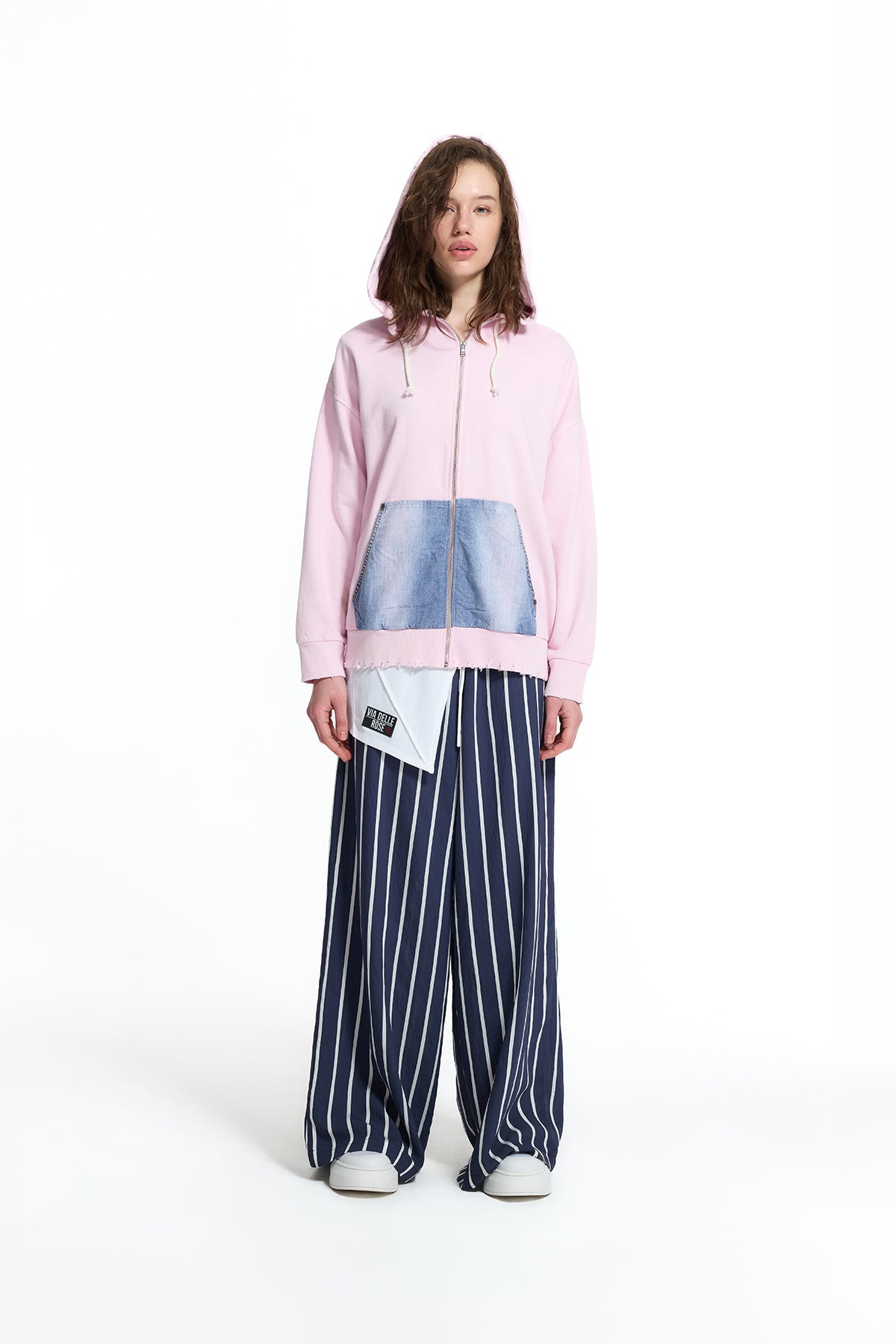 Pink Blue Denim Pocket Detail Hooded Oversize Sweatshirt 19092