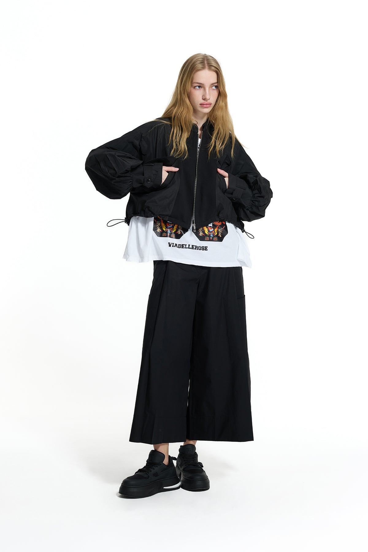 Black Balloon Sleeve Crop Bomber Jacket 19111