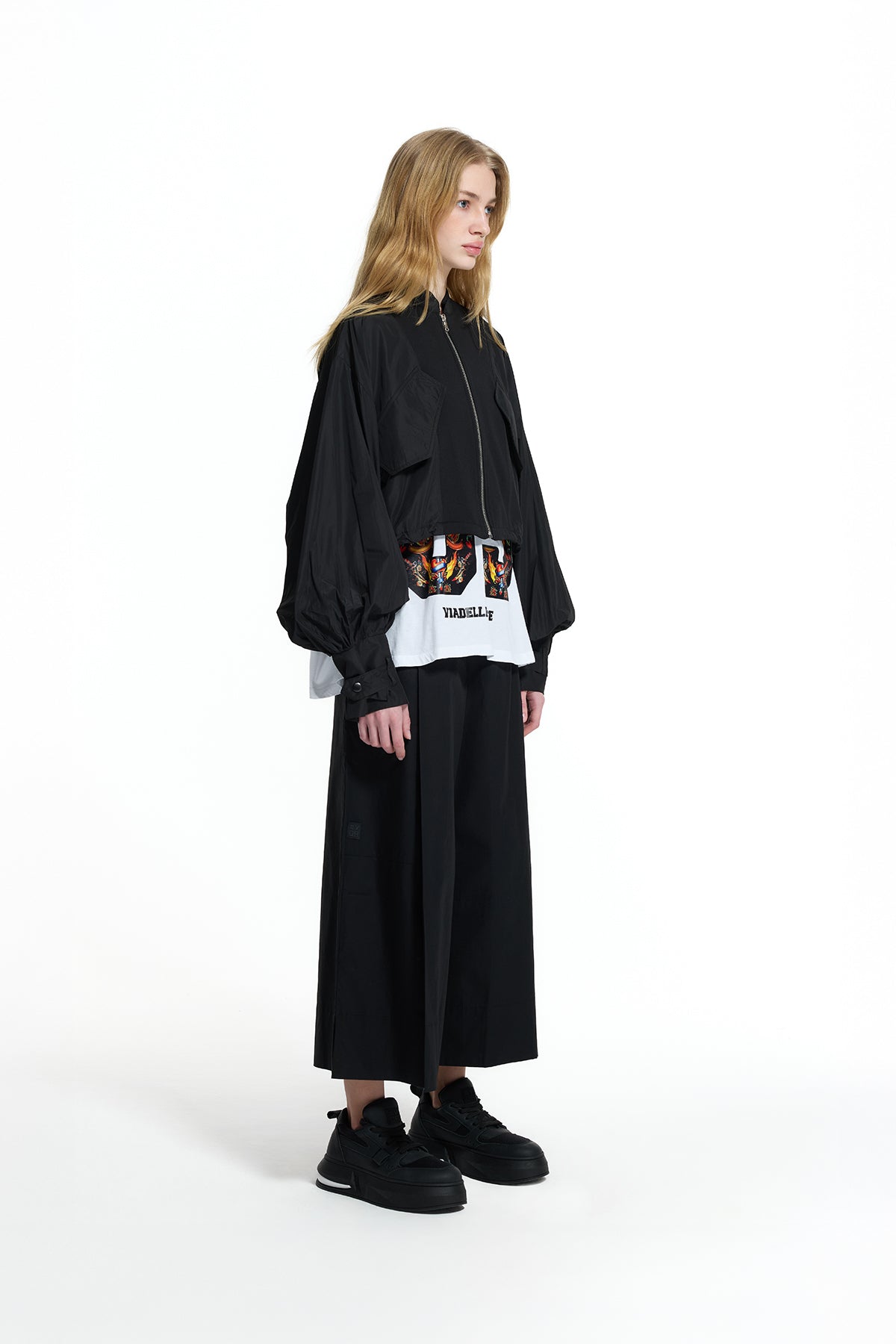 Black Balloon Sleeve Crop Bomber Jacket 19111