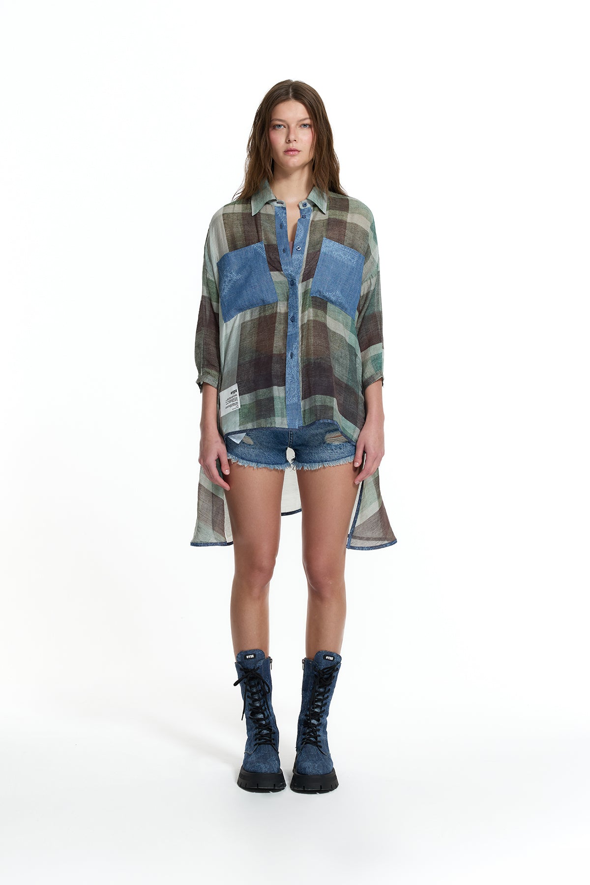 Green Denim Patch Plaid Shirt 19134