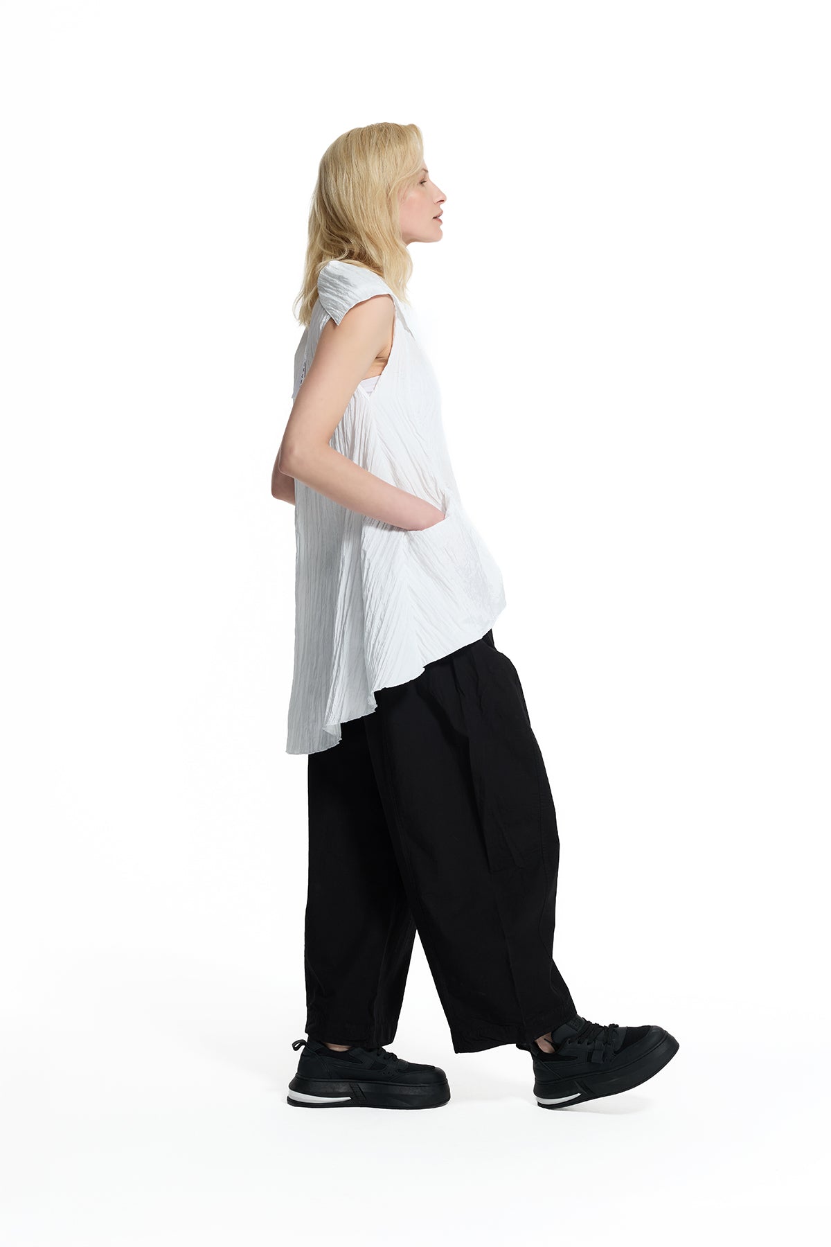 White Asymmetric Crinkle Blouse 19145