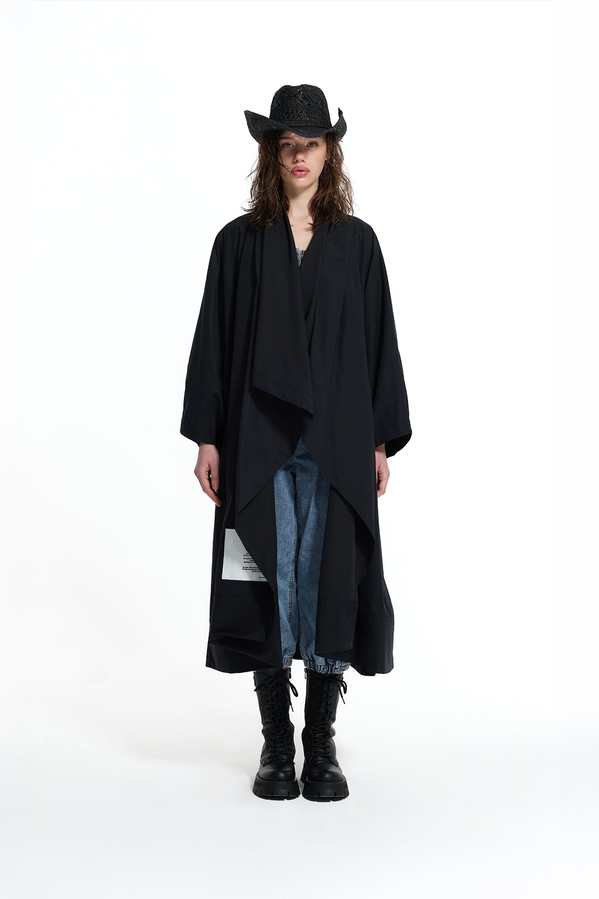 Black Asymmetric Shawl Collar Trench Coat 19146