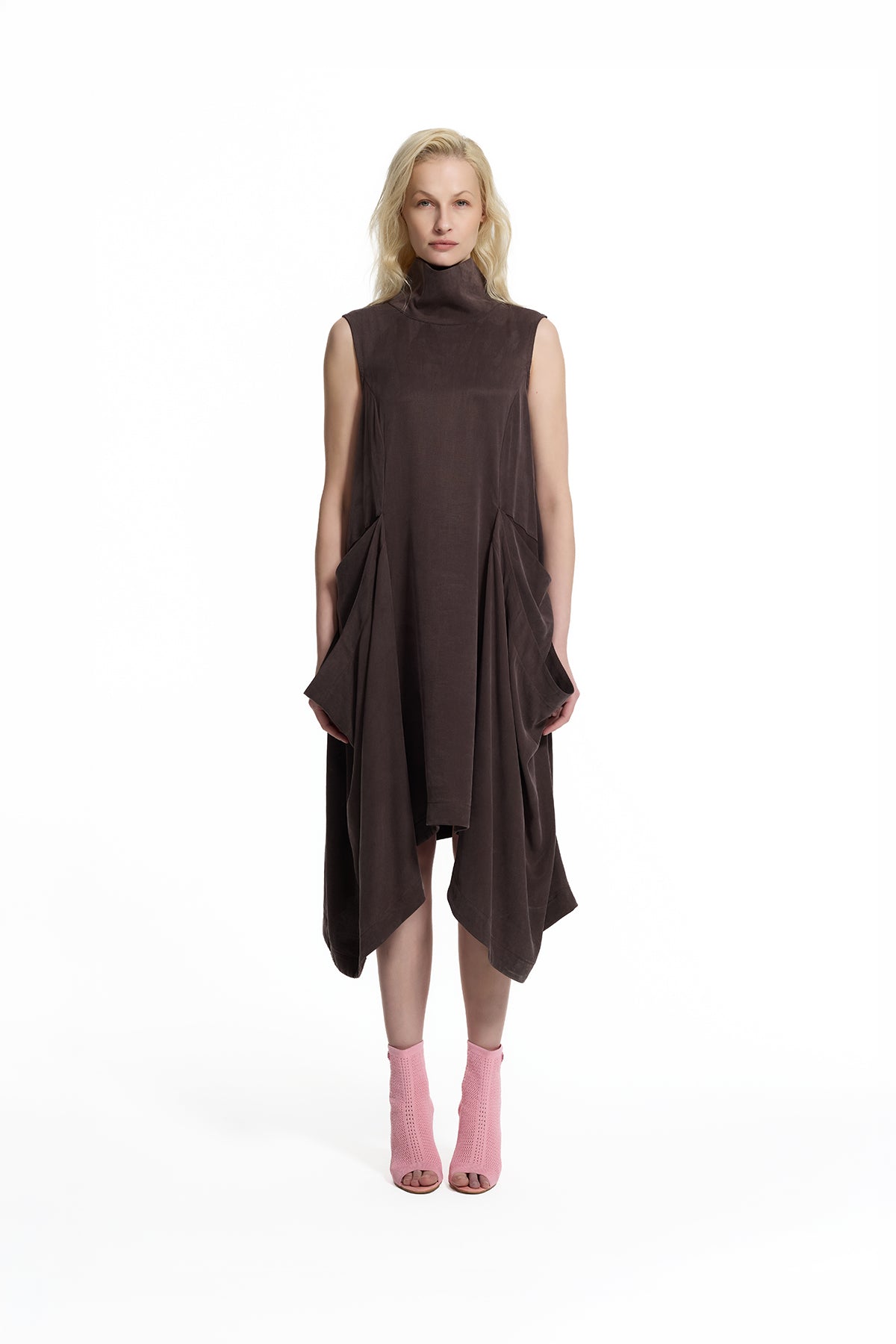 Brown Draped Asymmetric Dress 19152
