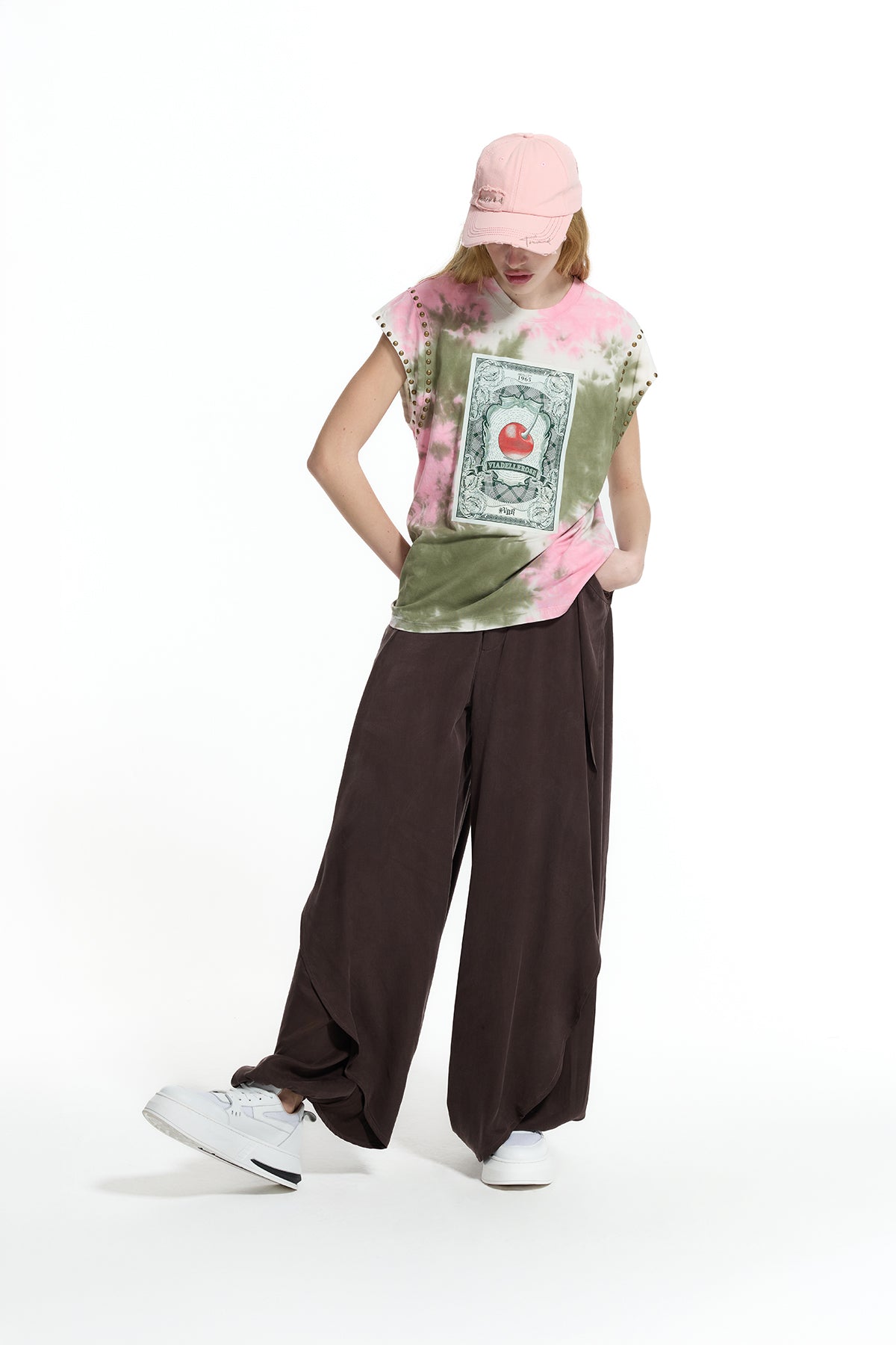 Pink Khaki Tie-dye Printed T-shirt 19153