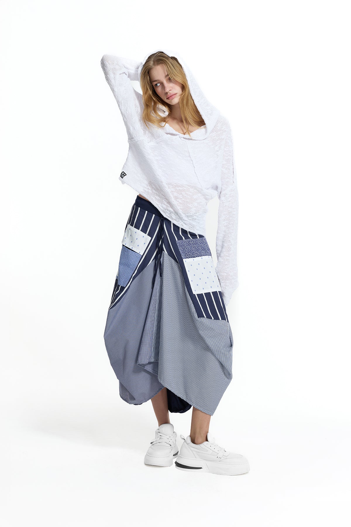 White Hooded Seam Detail Knit Sweater 19163