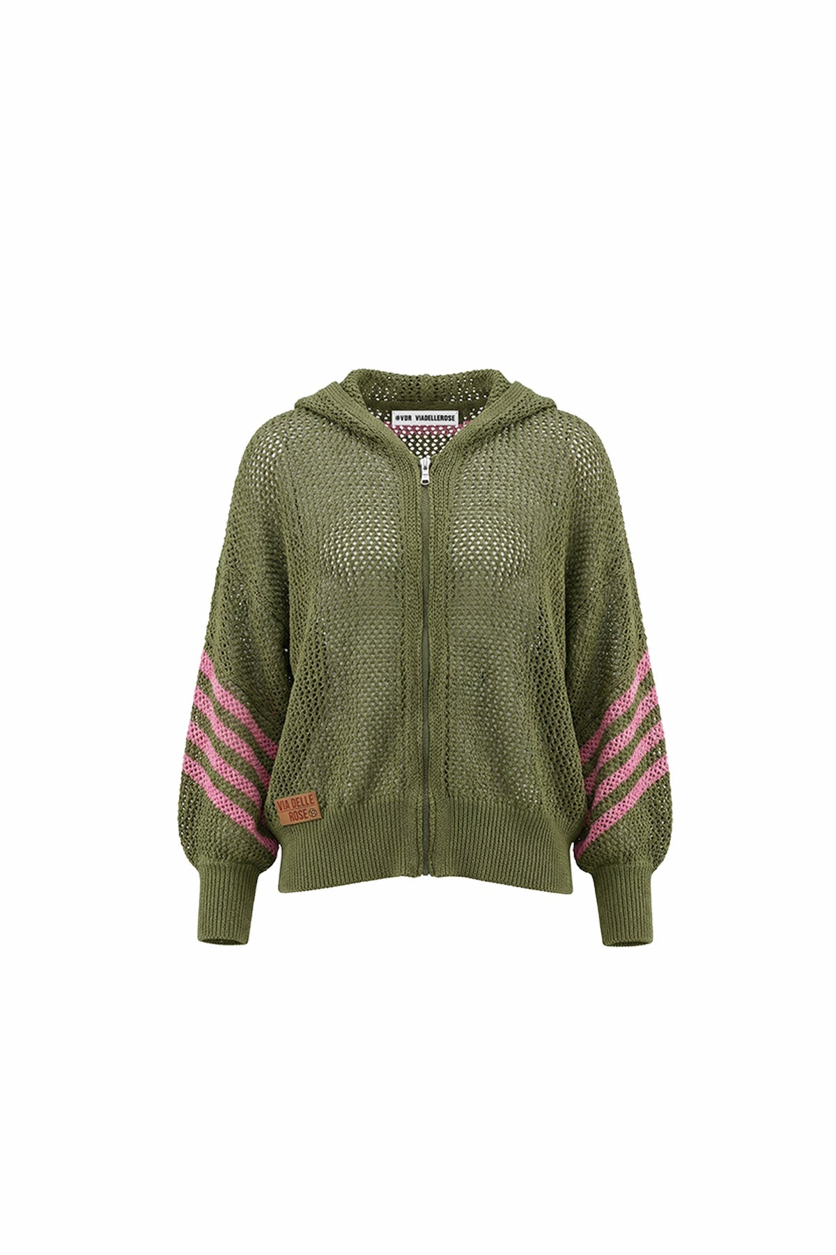 Khaki Pink Openwork Stripe Knit Sweater 19165