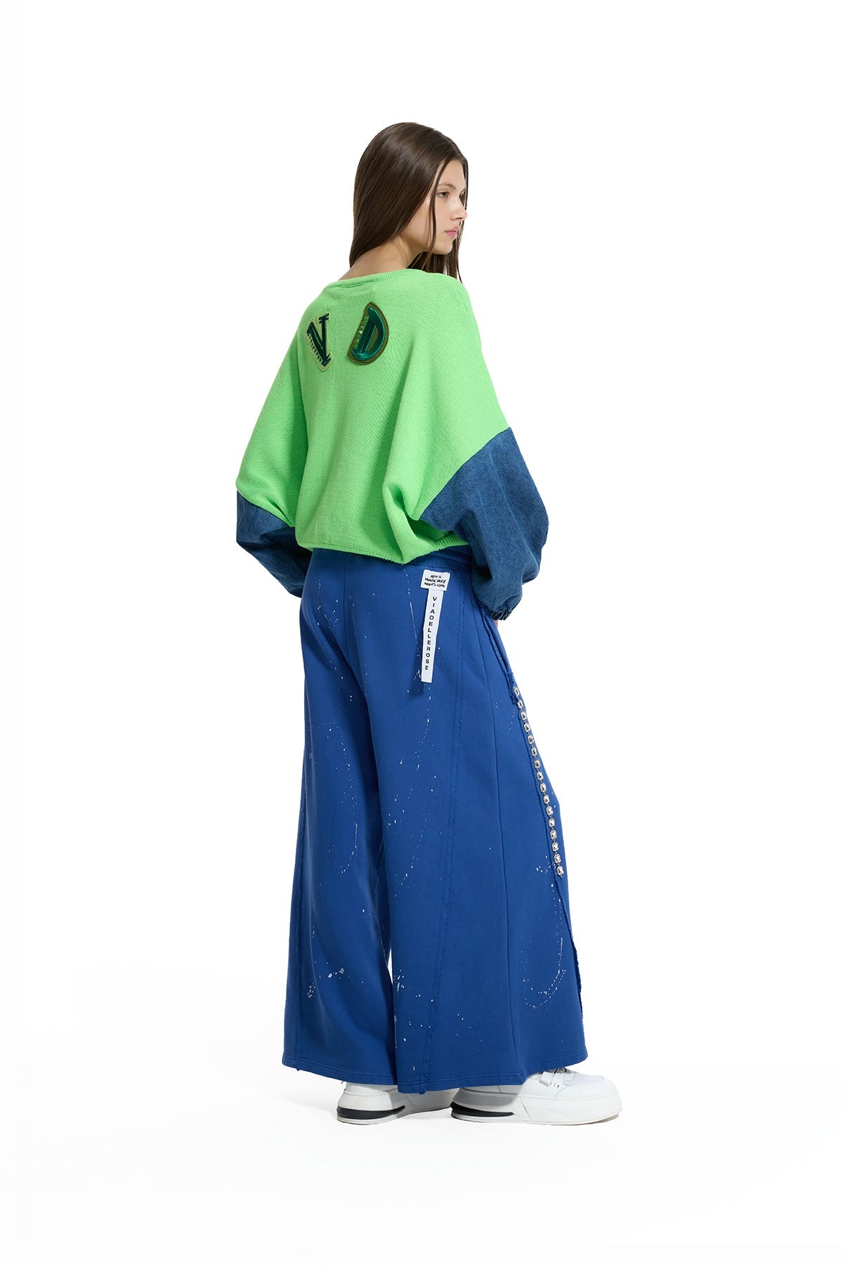 Neon Green Blue Contrast Denim Sleeve Bomber Knit Sweater 19173