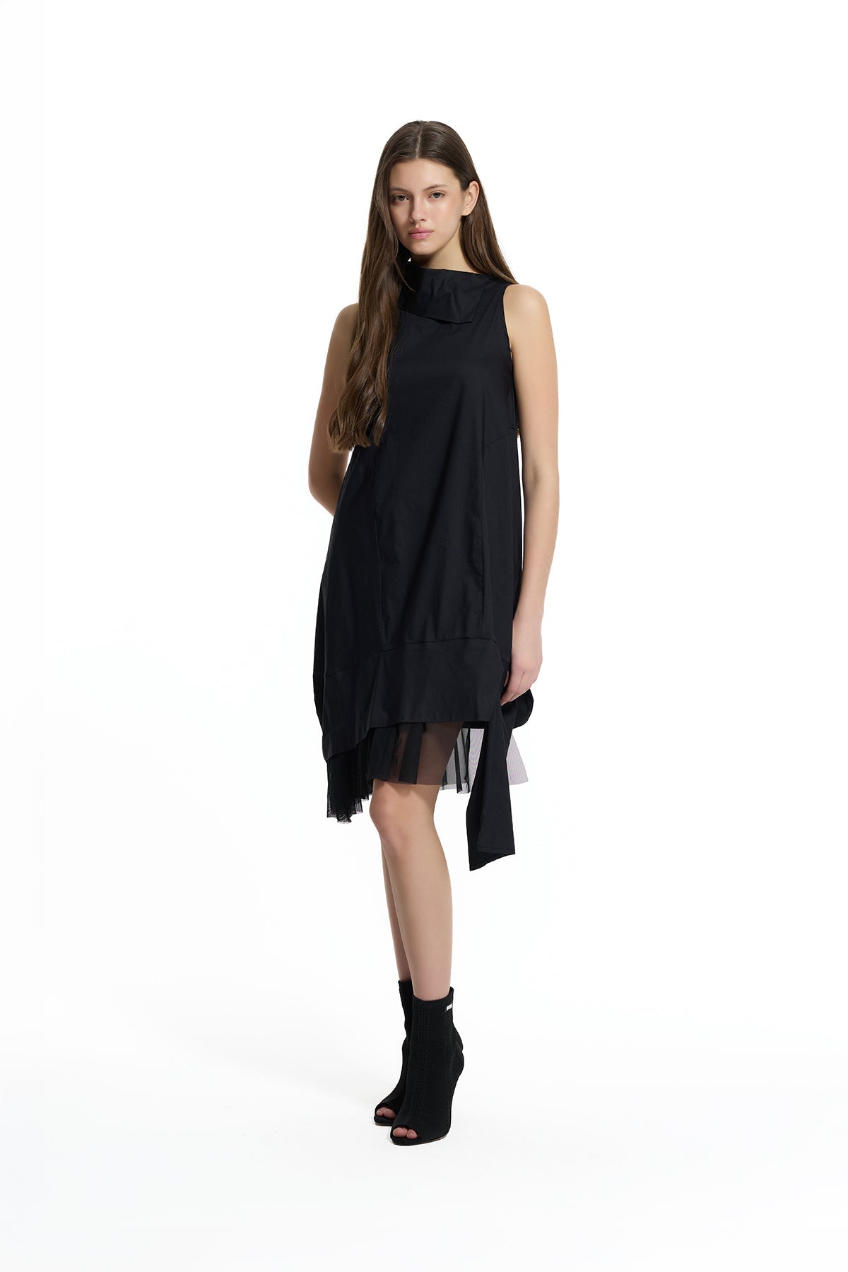 Black Asymmetric Tulle Detail Midi Dress 19187