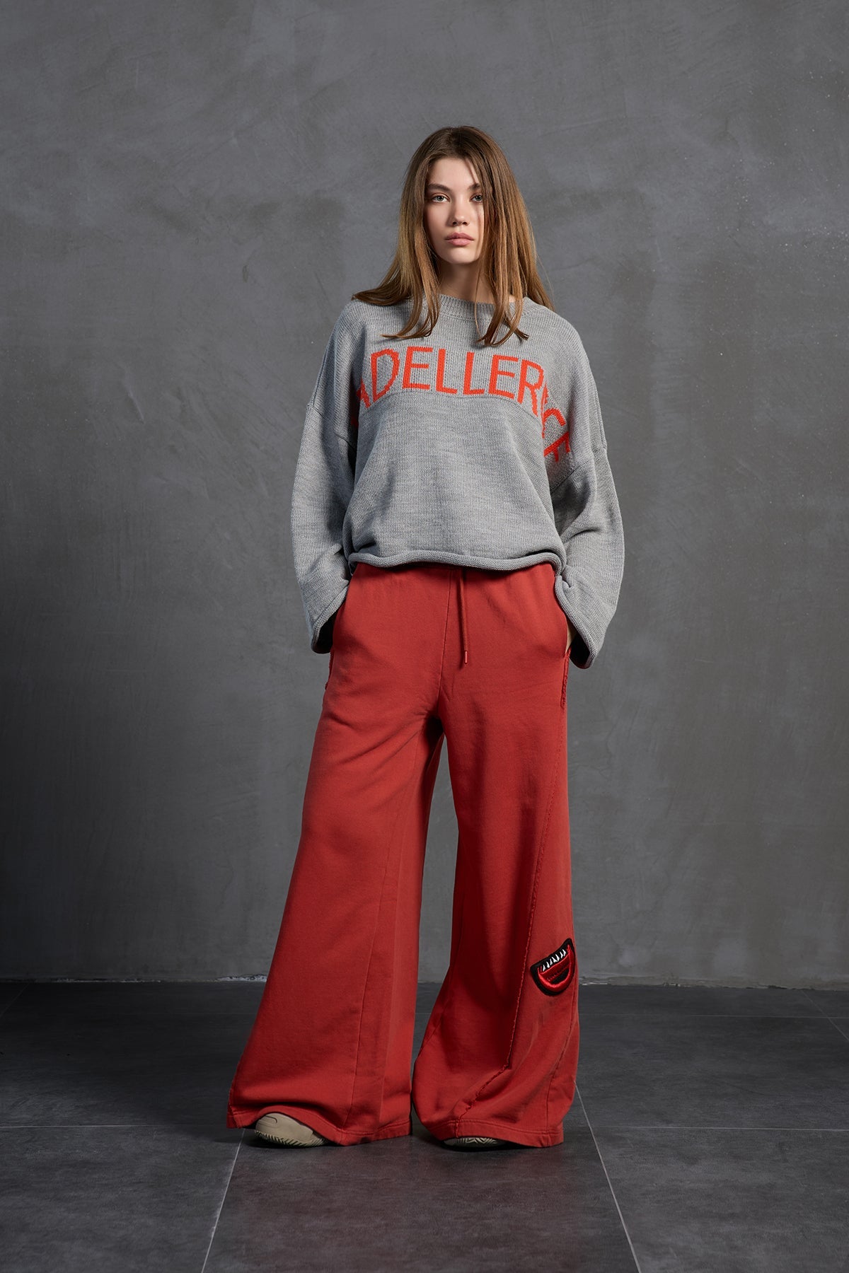 Grey Melange Printed Oversized Knit Sweater 18057