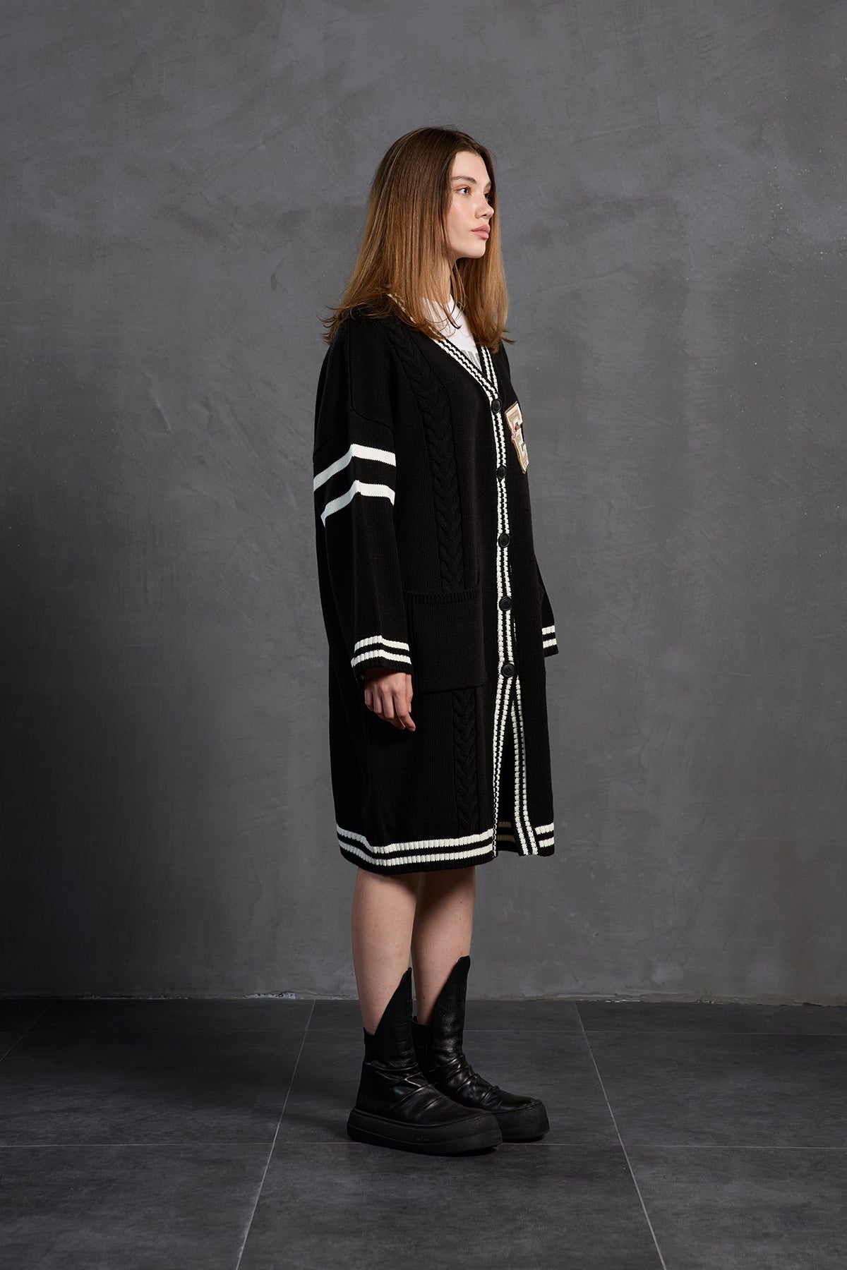Black Off White Long Oversize Knit Cardigan 18058
