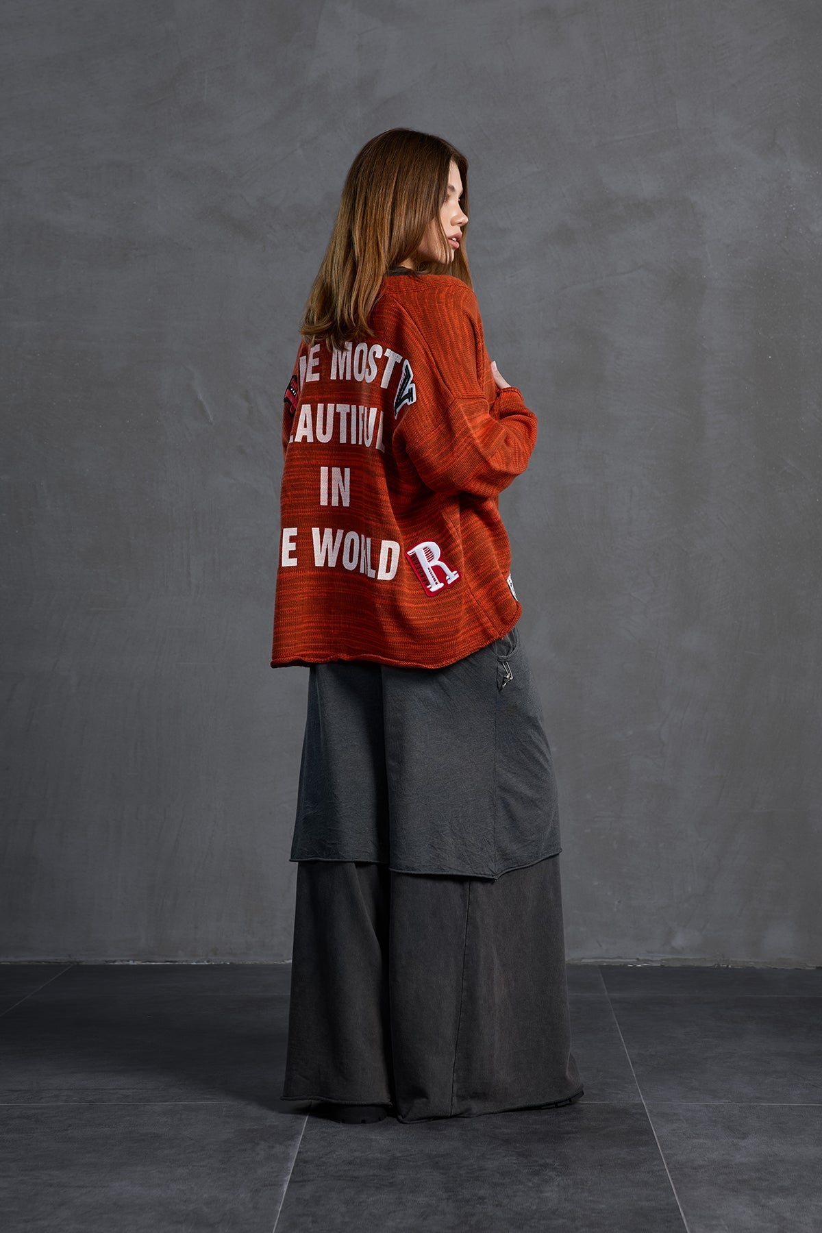 Brown Orange Slogan Oversized Knit Cardigan 18062