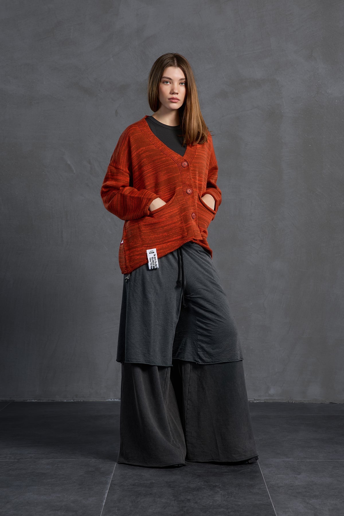 Brown Orange Slogan Oversized Knit Cardigan 18062