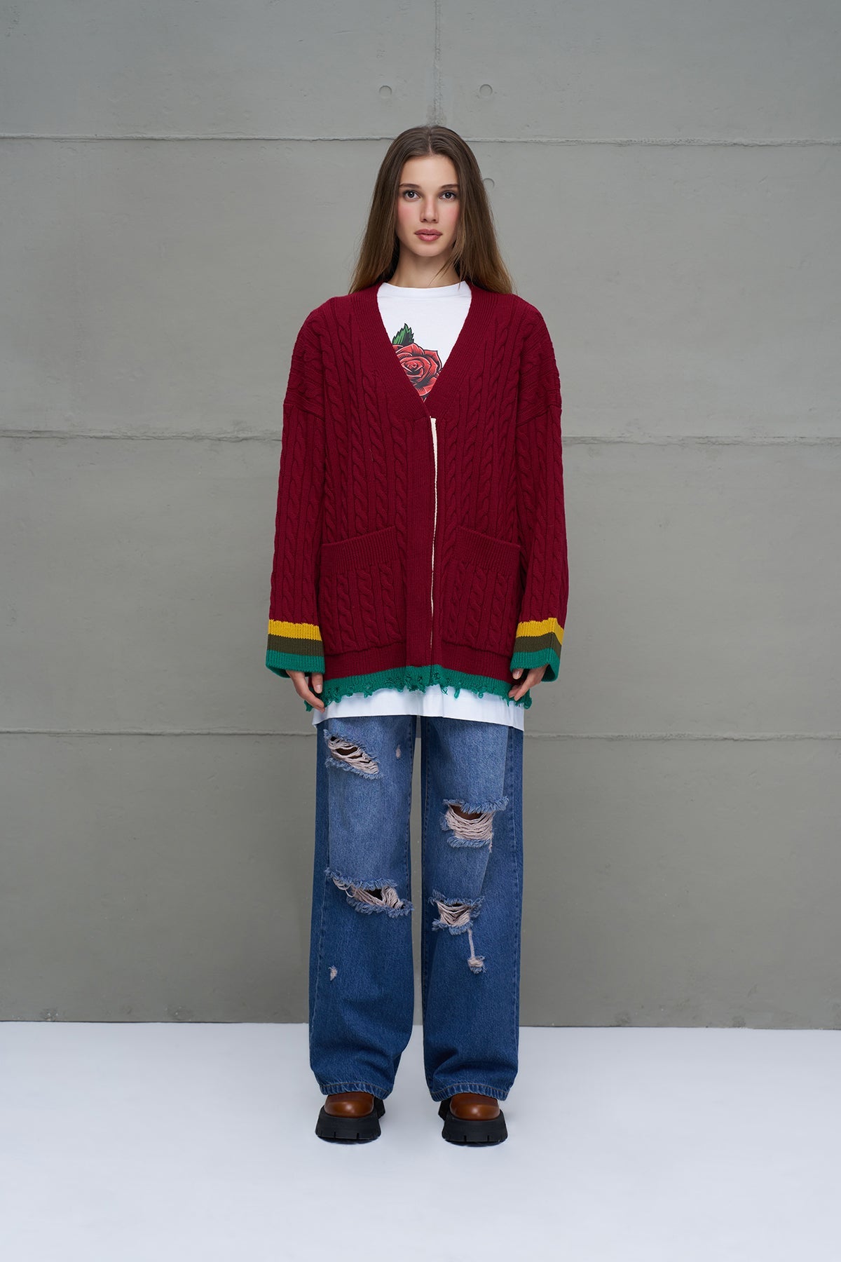 Burgundy Logo Print Oversize Knit Cardigan 18063