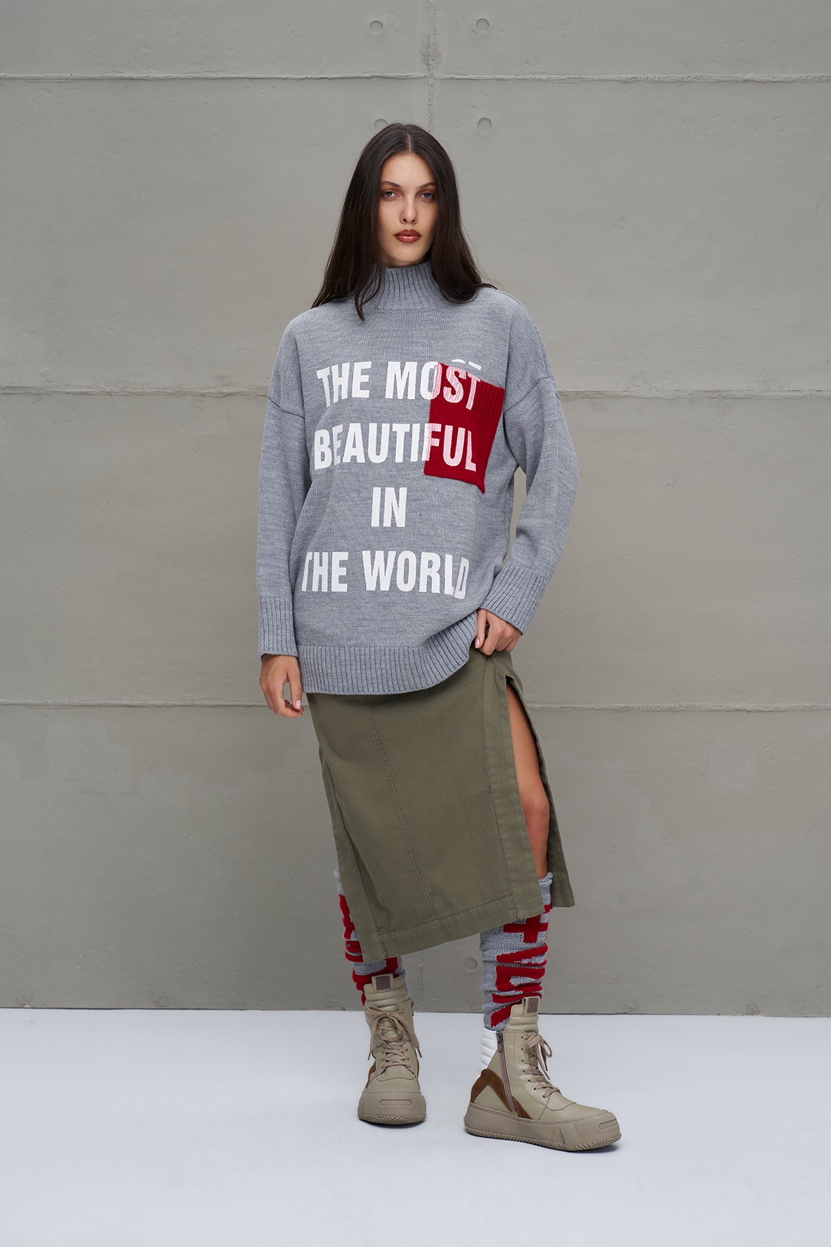 Grey Melange Slogan Oversized Knit Sweater 18075