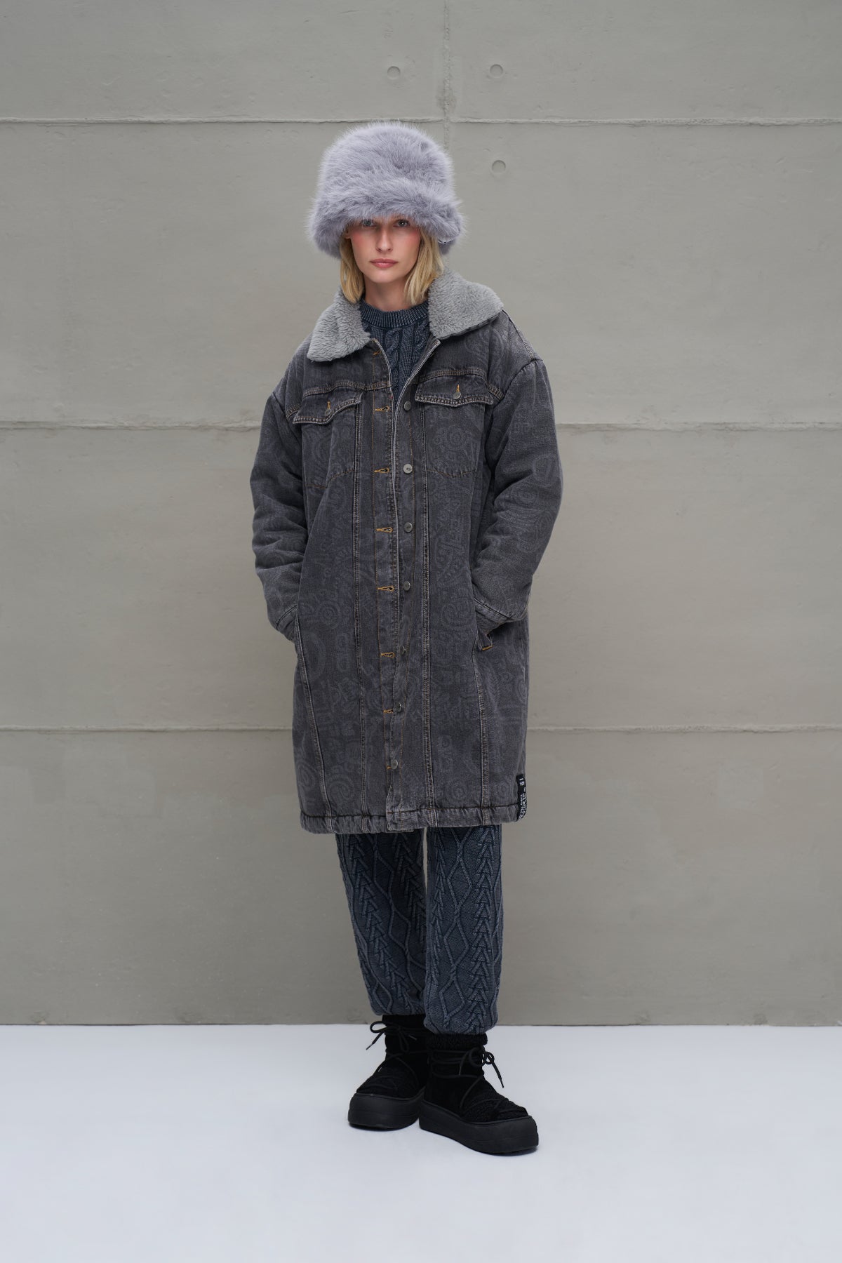 Anthracite Faux Fur Long Denim Coat 18098